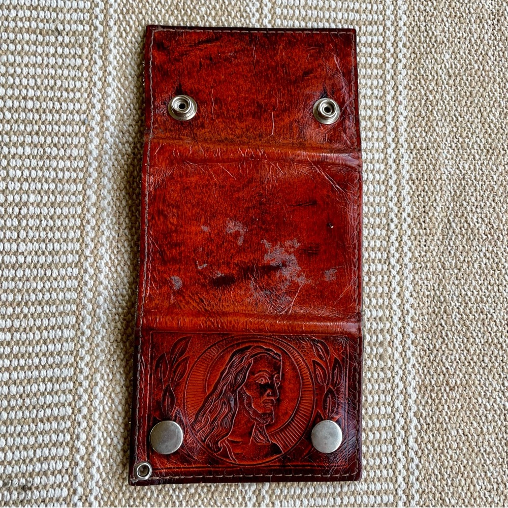 Vintage Brown Tooled Leather Jesus Trifold Wallet Snaps Men’s Made in U.S.A. - Picture 5 of 12